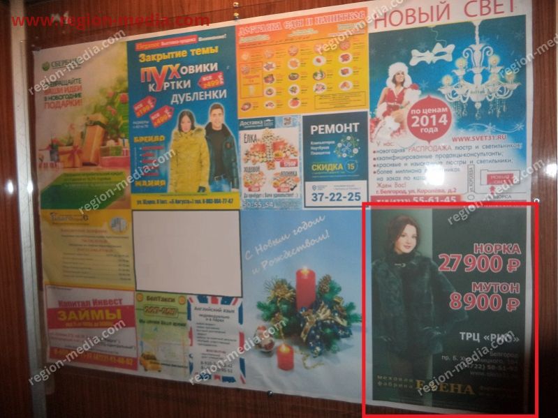 Размещение рекламы в лифтах магазина "Елена" г. Белгороде